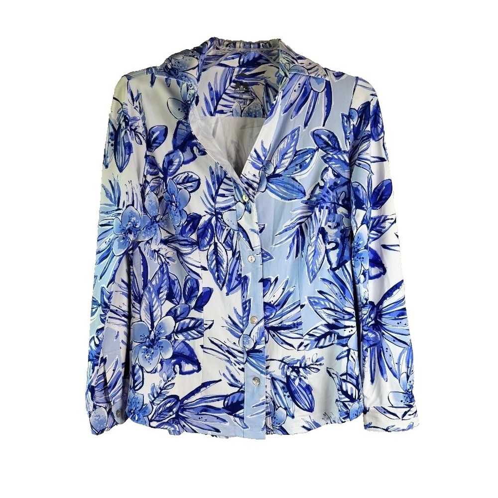 Kenny Dana L/S Button Down‎ Shirt Tropical Flower Blue Tonal Sz XS UPF50 NWT